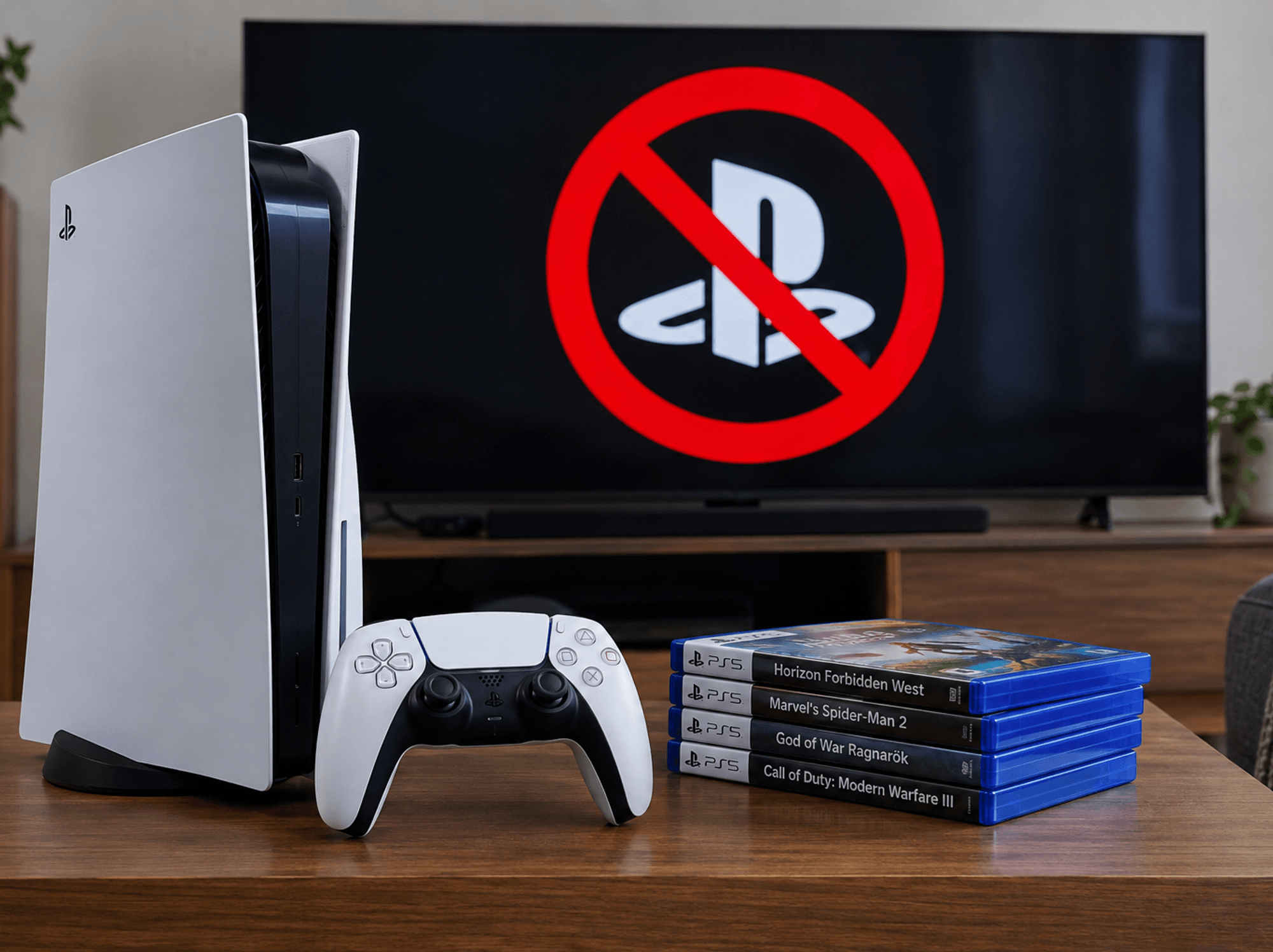 PS5 console and discs in front TV displaying red block symbol
