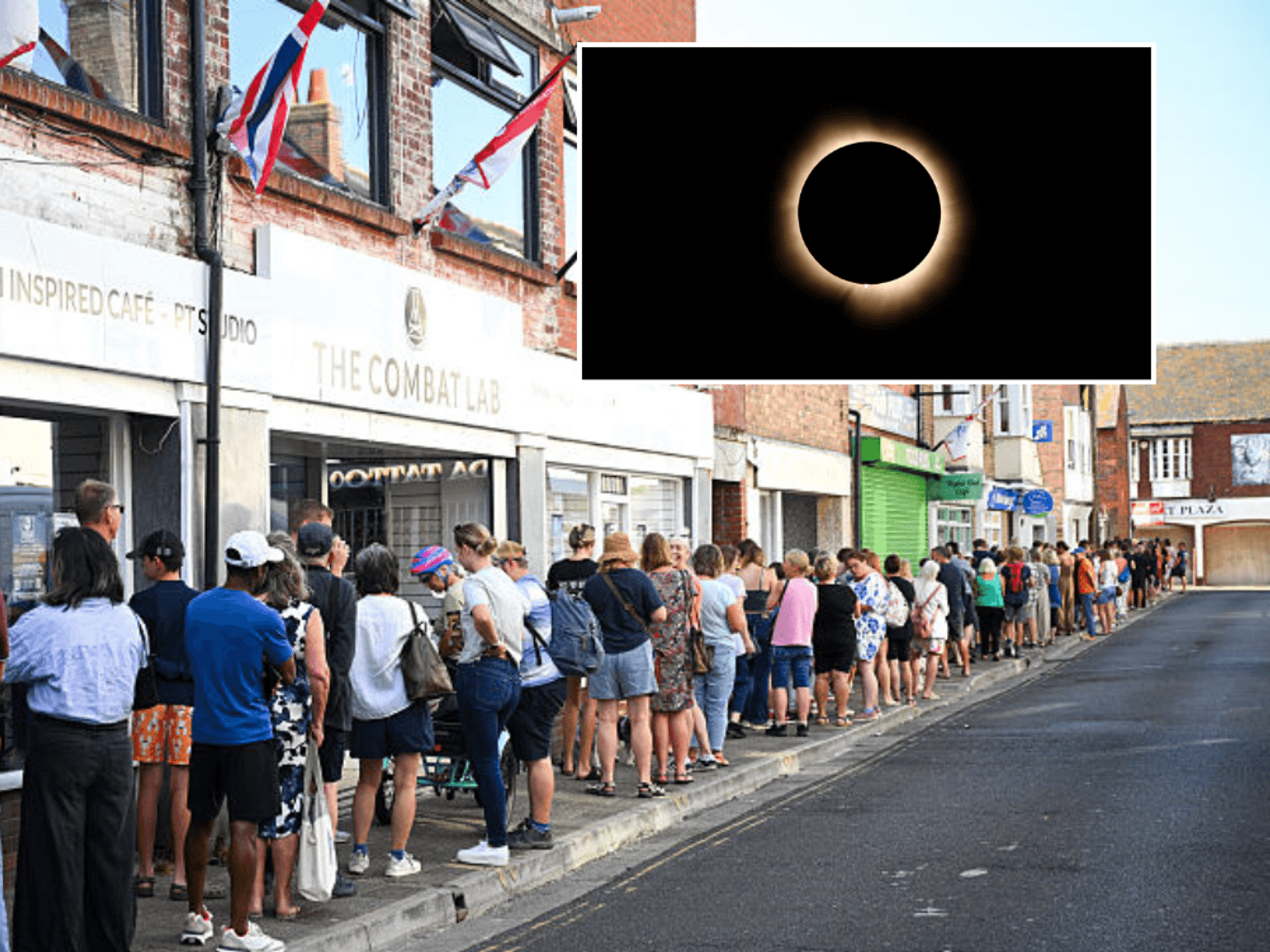 Queues for glasses for the solar eclipse, inset glasses and solar eclipse