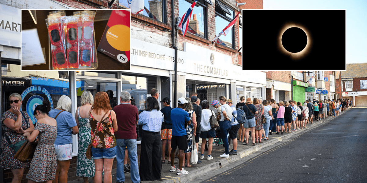 Massive lines seen as Britons queue for HOURS in sweltering heat to buy solar eclipse glasses for historic event