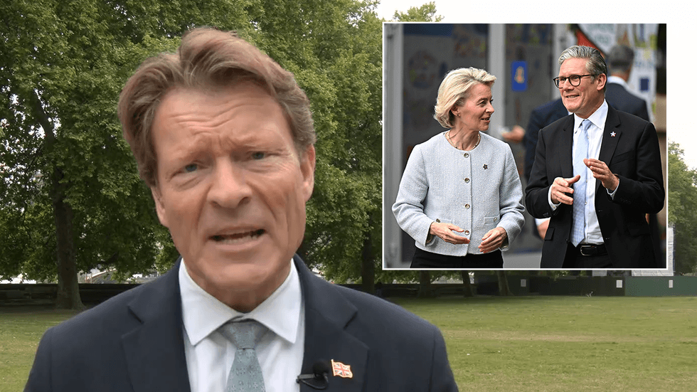Richard Tice with an inset image of Ursula von der Leyen and Keir Starmer