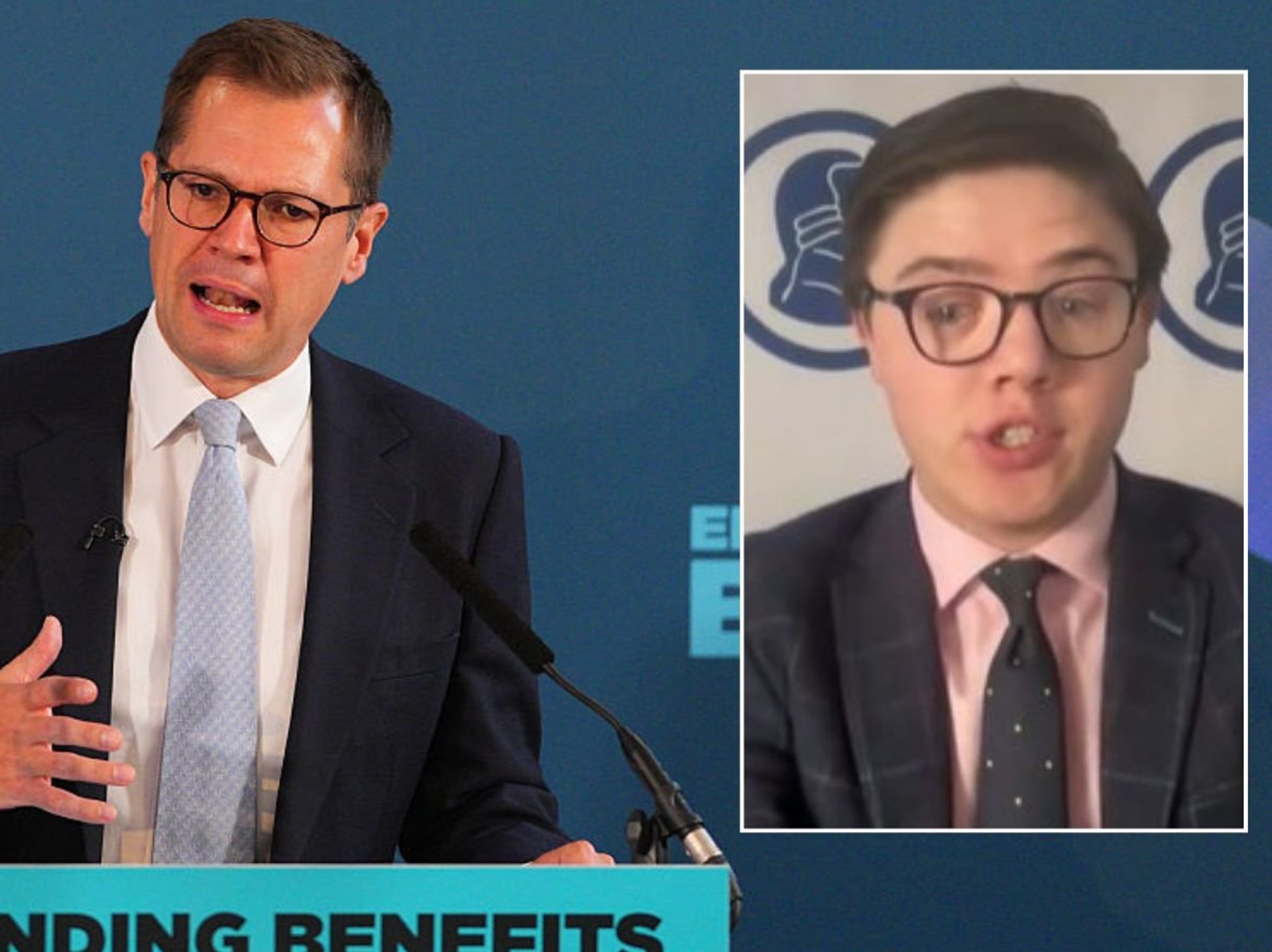 Robert Jenrick giving a speech and Mitchell Palmer appearing on GB News