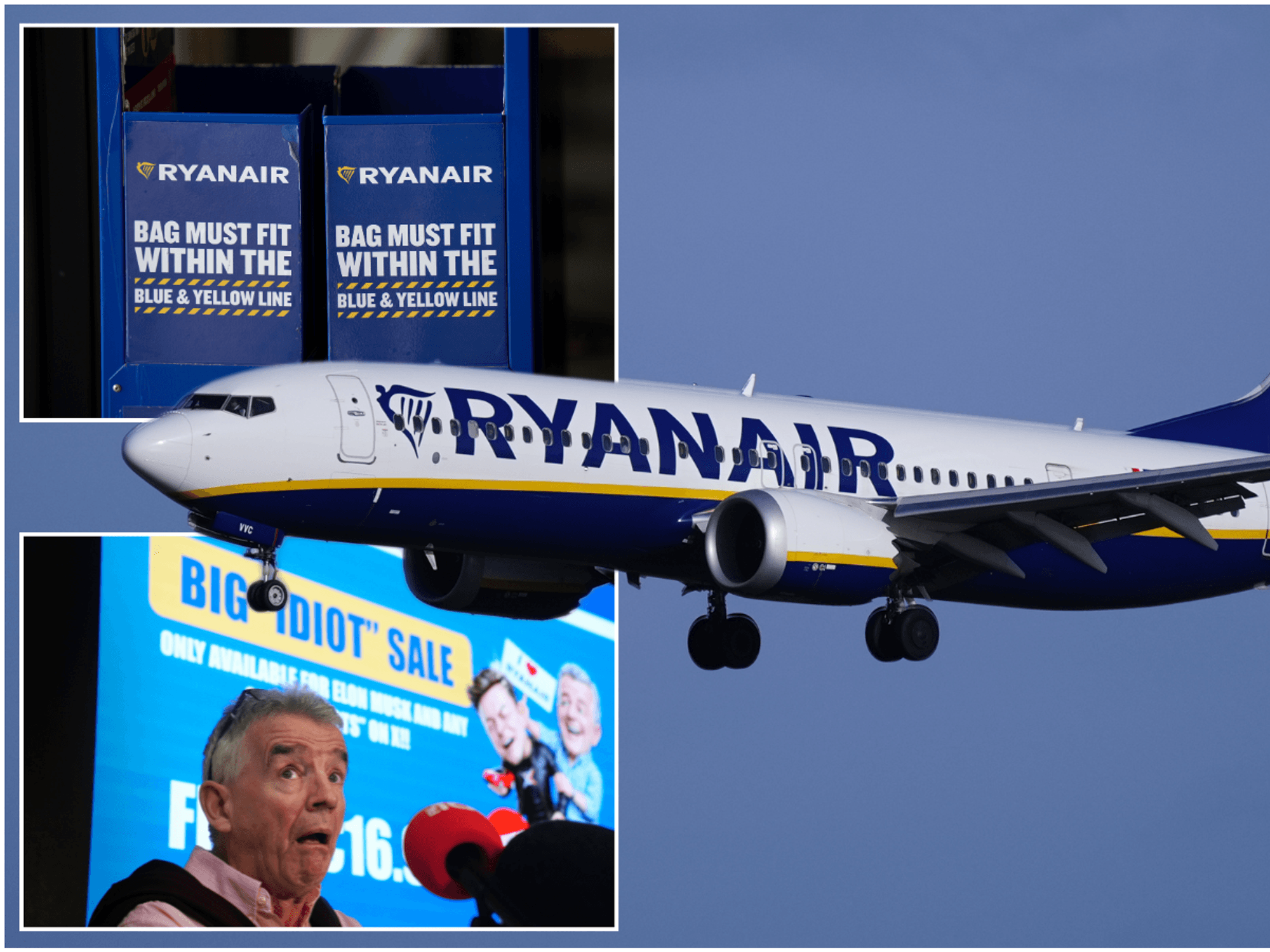 Ryanair plane with Michael O'Leary and baggage bins inset