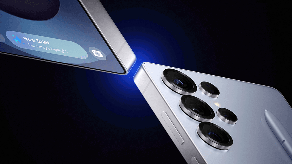 Samsung Galaxy S25 Ultra pictured with its Now Brief summary shown on-screen
