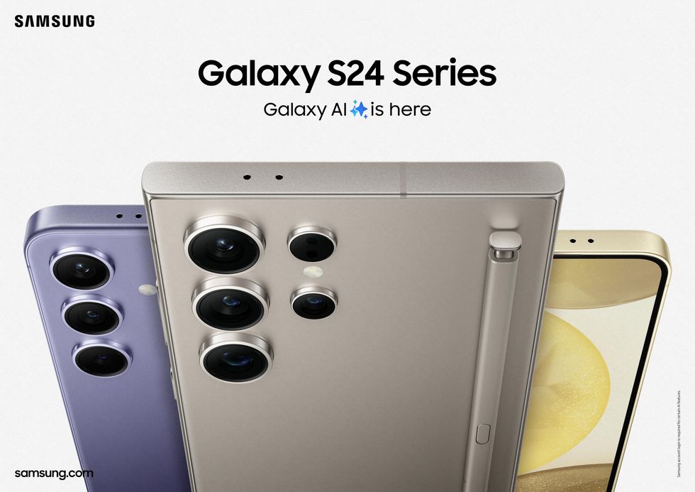samsung promotional image with the galaxy s24, galaxy s24 plus, and galaxy s24 ultra on a white background