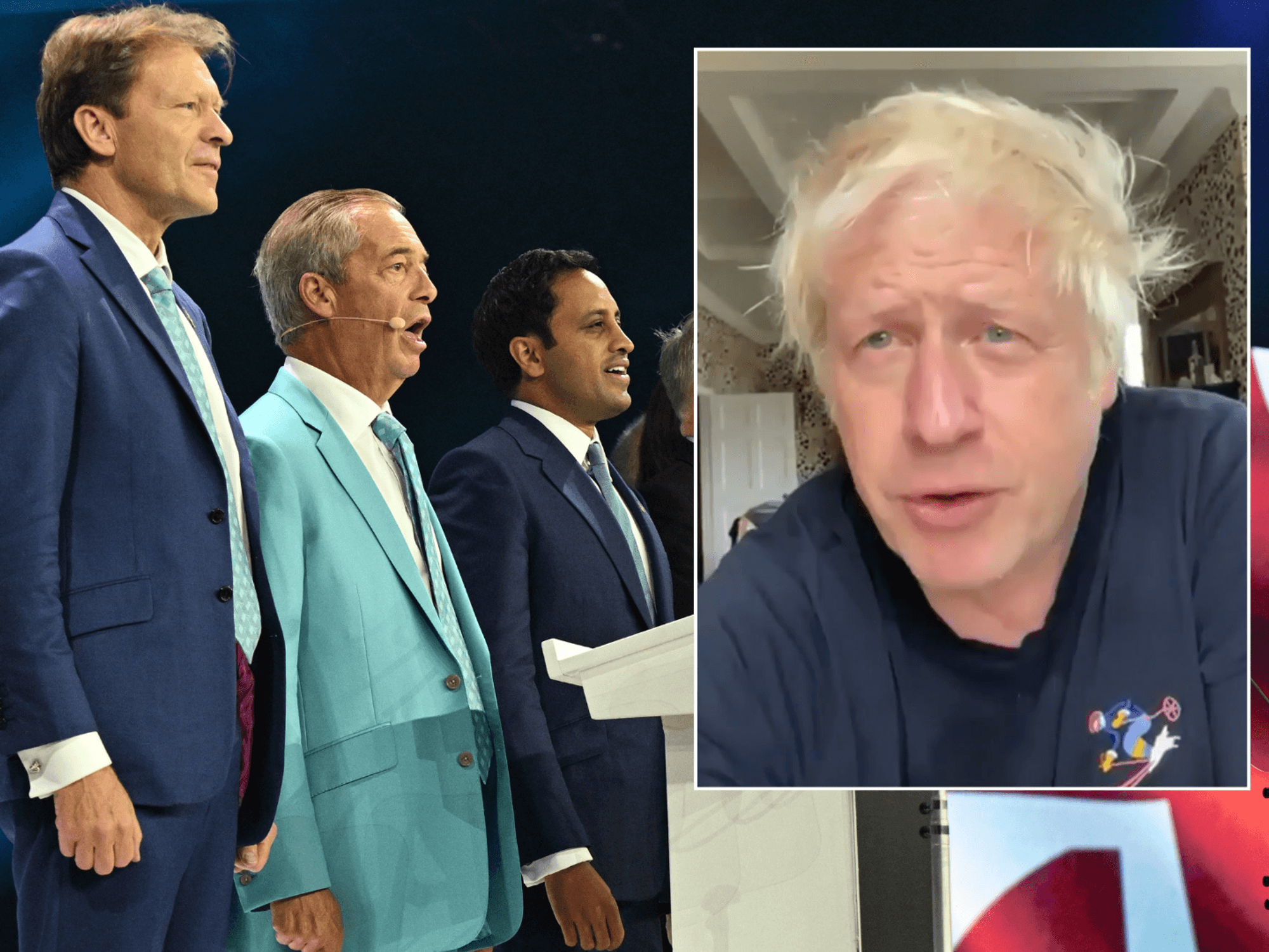 Sarah Pochin, Richard Tice, Nigel Farage, Zia Yusuf and Andrew Rosindell at Reform conference, insert: Boris Johnson