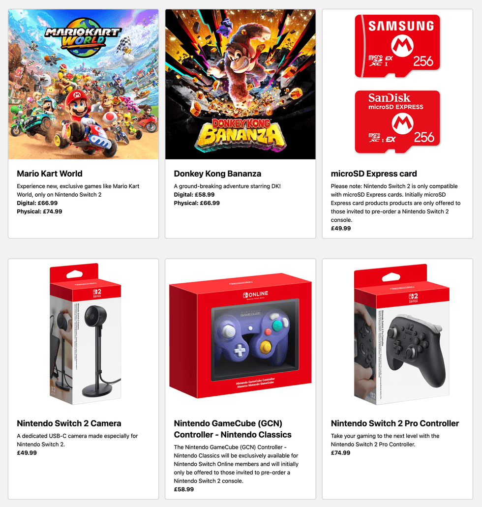 screenshot of my nintendo store listings showing the controllers and accessories available