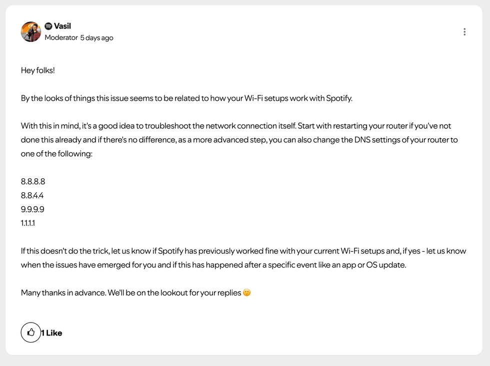 screenshot of spotify post in community pages for app crash fix