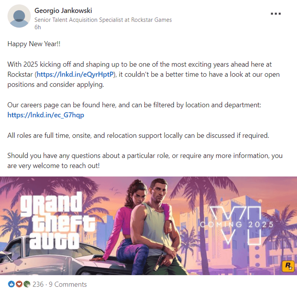 screenshot of the linkedin post from Georgio Jankowski advertising a new role at Rockstar Games