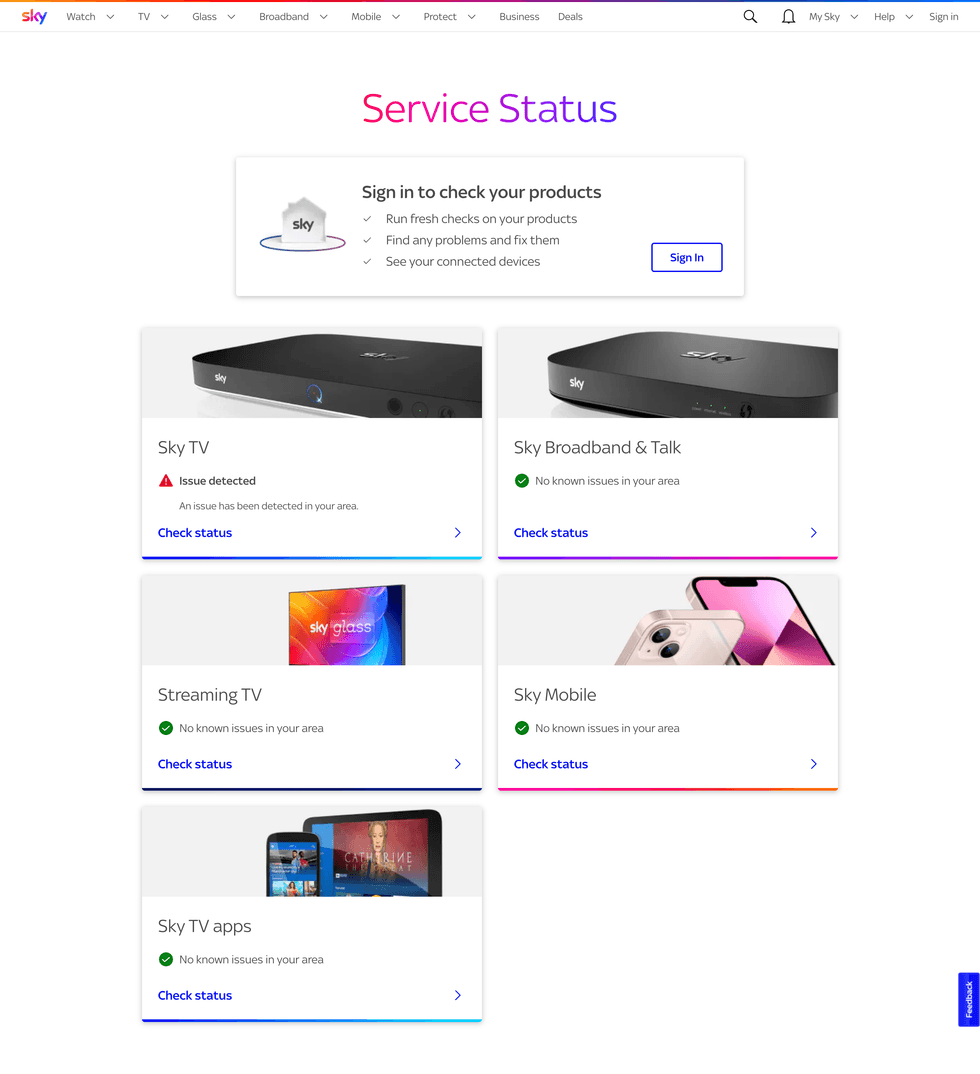 screenshot of the sky server status dashbaord