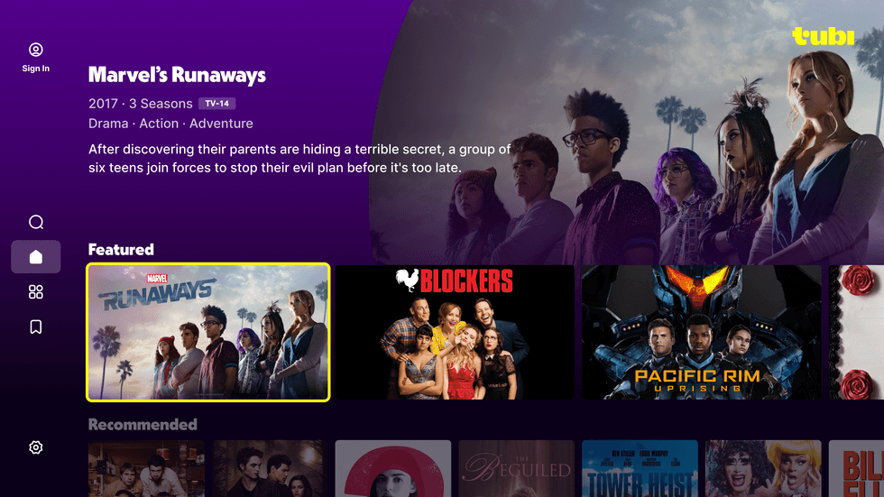 screenshot of the tubi interface in the UK with all of the shows available