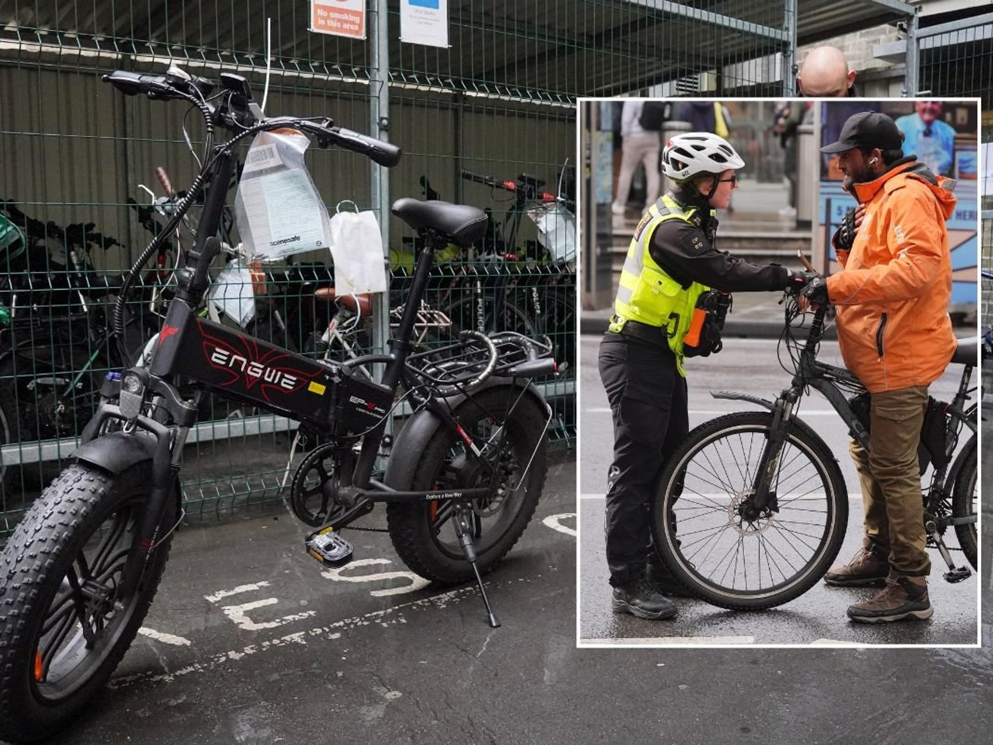 Seized electric bike and a police officer stopping an e-bike rider