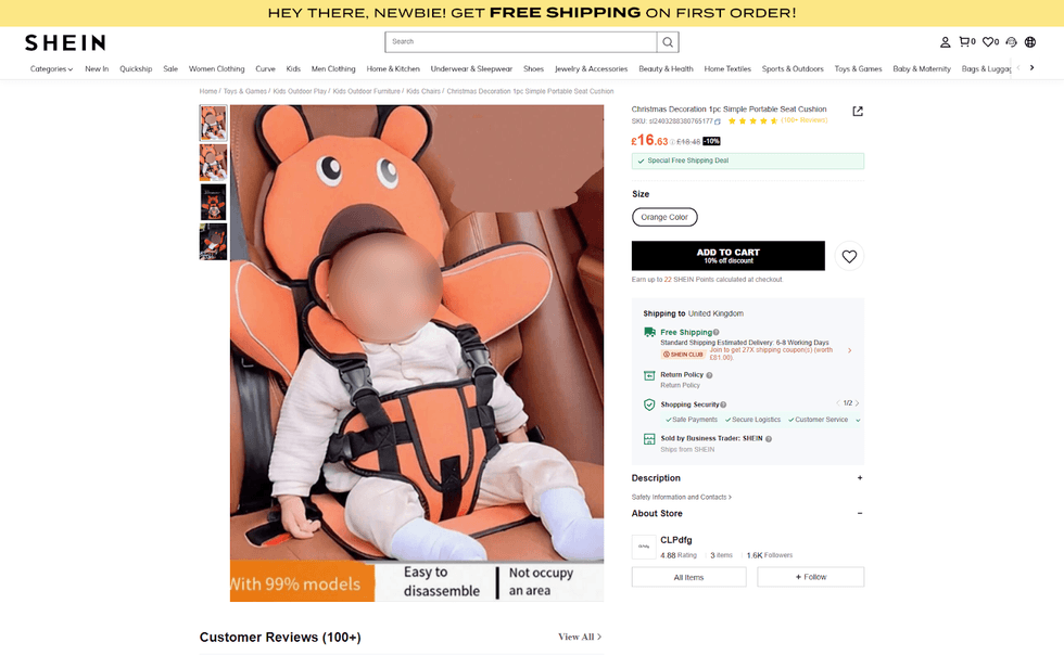 Shein listing of a potentially dangerous car seat