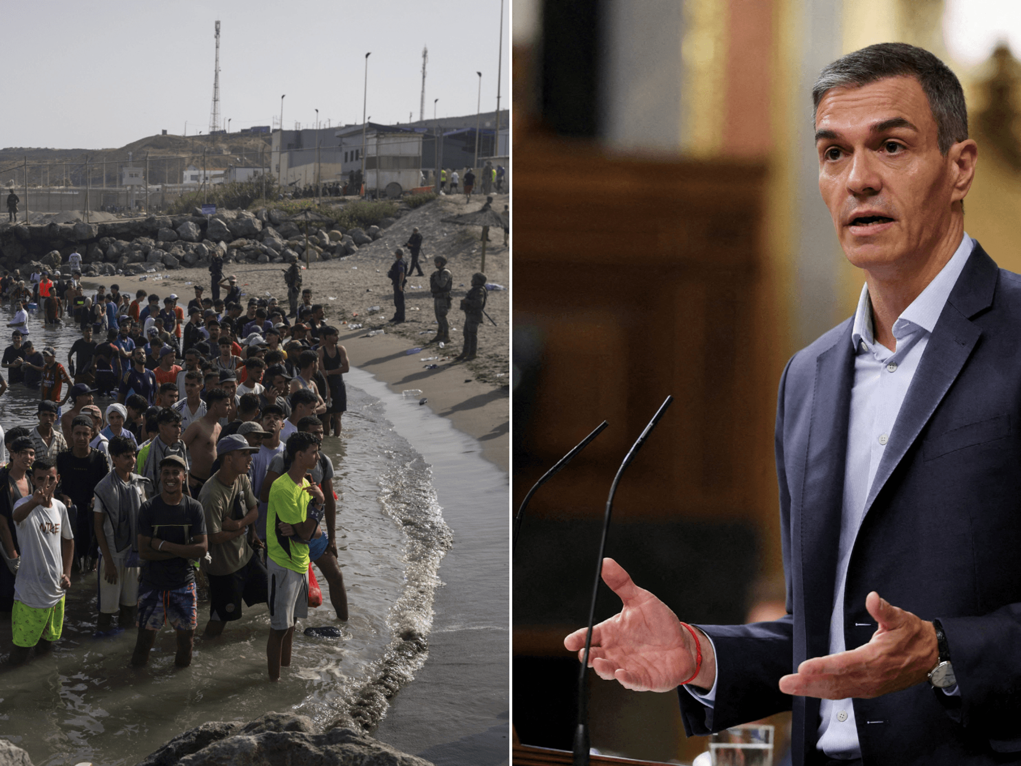 Side-by-side of Ceuta migrants and Pedro Sanchez