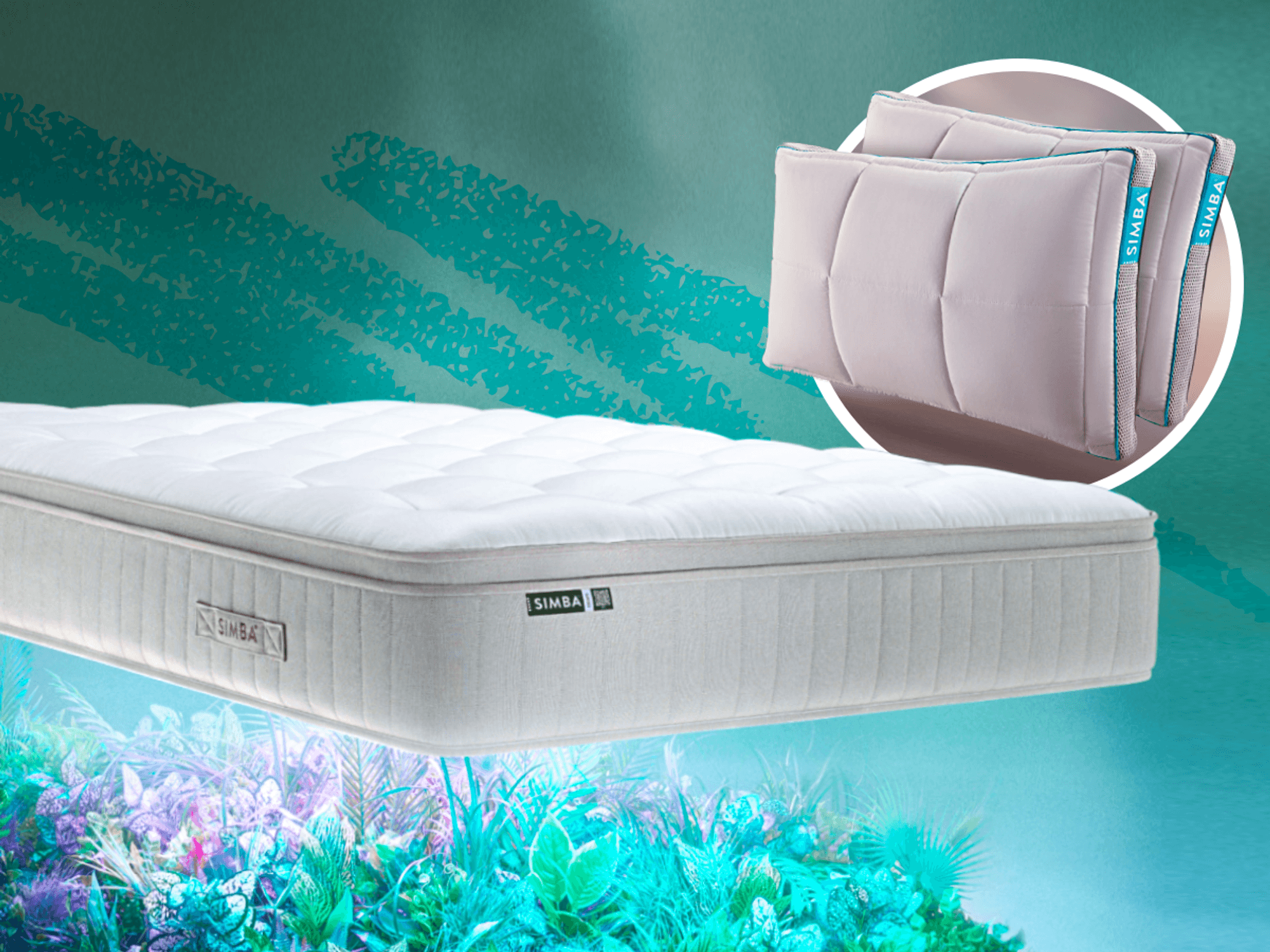 Simba mattress pictured with an inset of its award-winning pillows