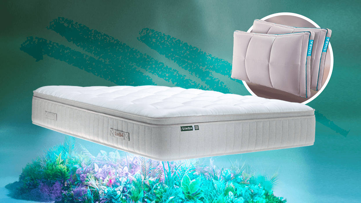 Simba mattress pictured with an inset of its award-winning pillows