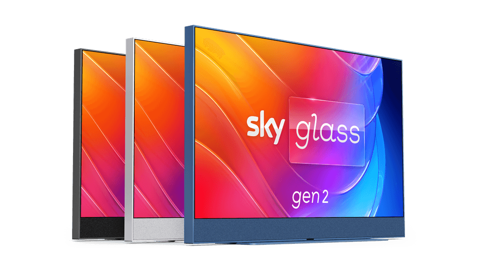 Sky Glass Gen 2 shown in all three case colours