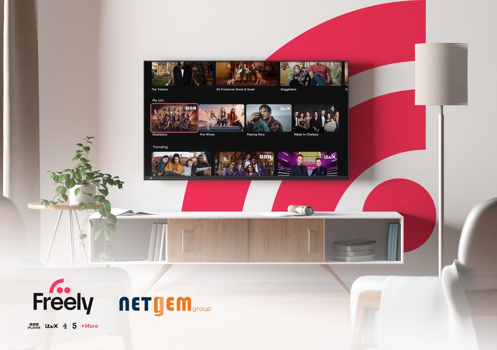 Smart TV wall-mounted with the Freely software on-screen and Netgem logo in the bottom corner
