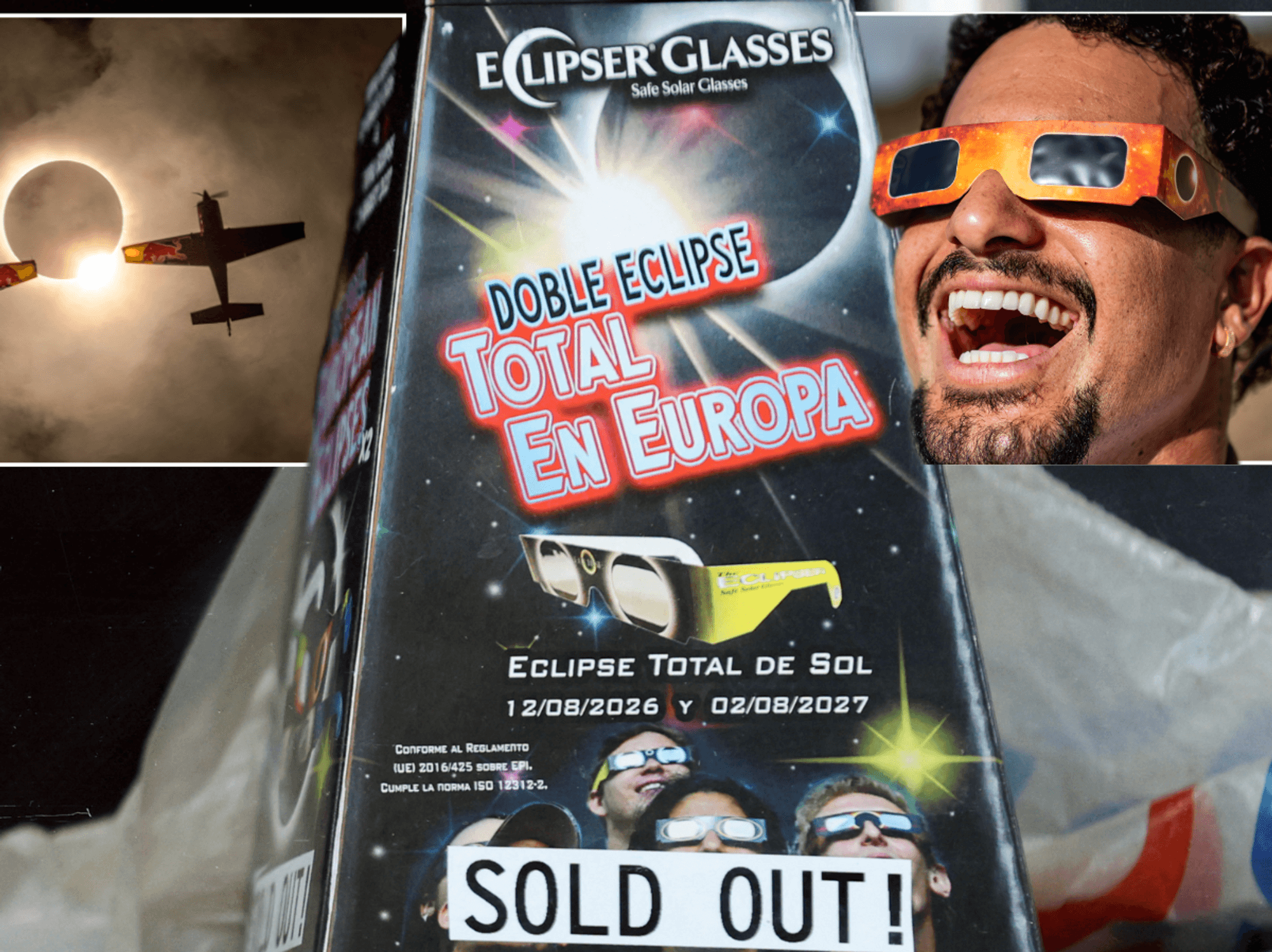 Sold out glasses stand inset with solar eclipse and man staring at sun