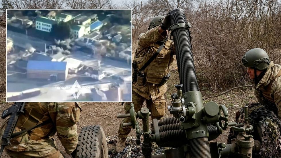Soldiers loading artillery with inset of explosion