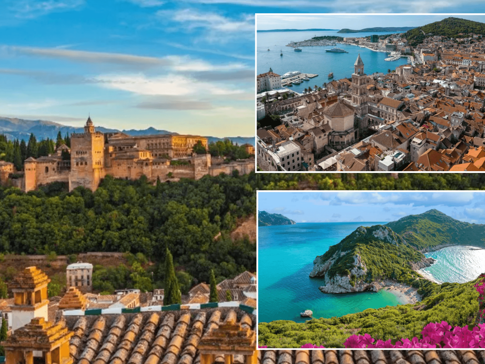 Split old town Croatia / Cliffs in Corfu Greece / Granada, Spain