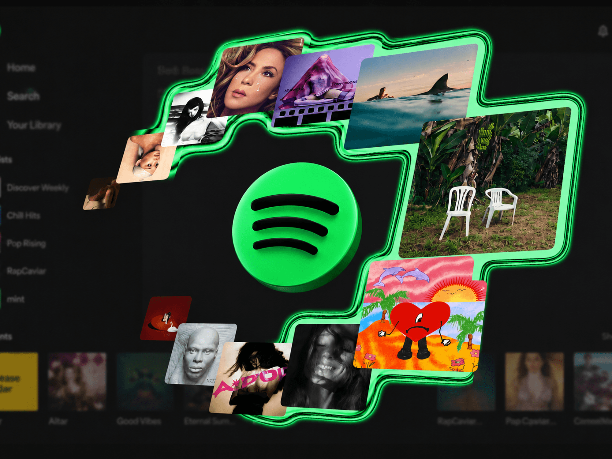 Spotify logo in the center of different music tracks
