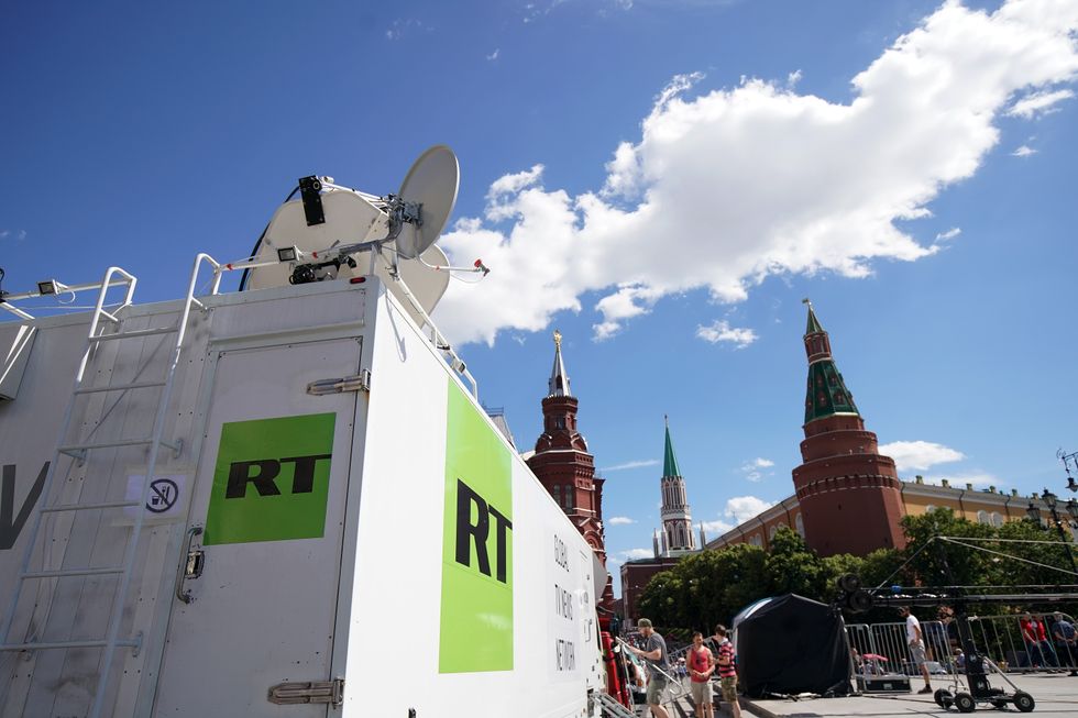 State broacaster Russia Today broadcasts from near Red Square during The World Cup on June 20, 2018