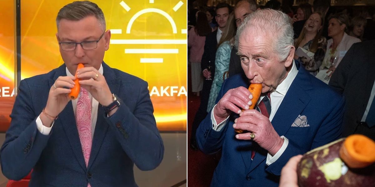 Watch the hilarious moment GB News Breakfast 'shows King how it's done' and play carrot recorders