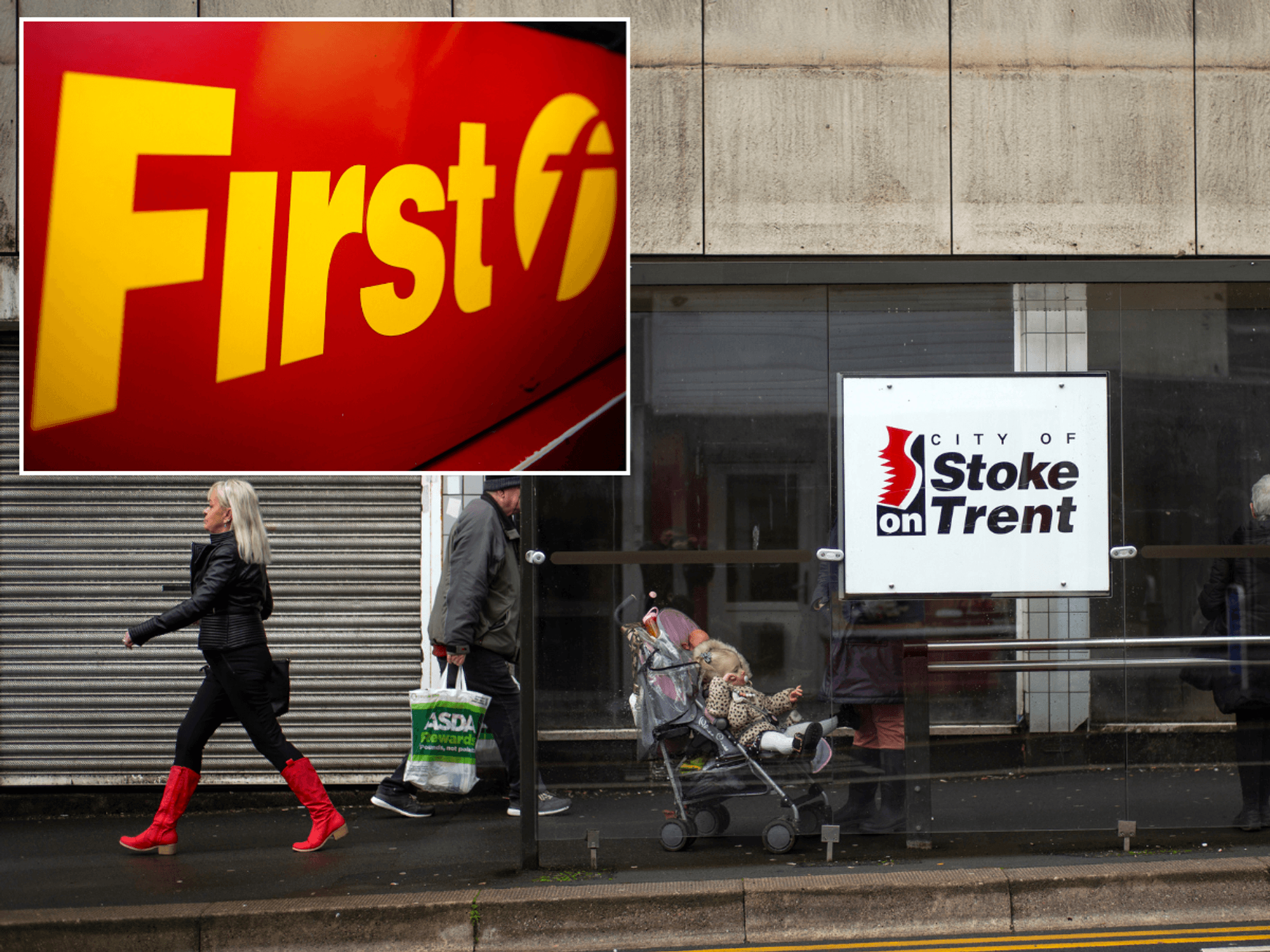 Stoke on Trent bus stop with First Bus logo inset