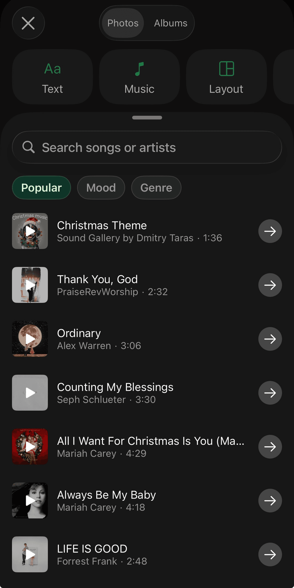 Suggested music displayed for a WhatsApp status update