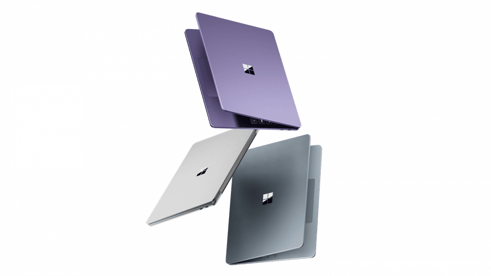 surface laptop 13 shown in  Violet, Ocean, and Platinum floating against a blank background