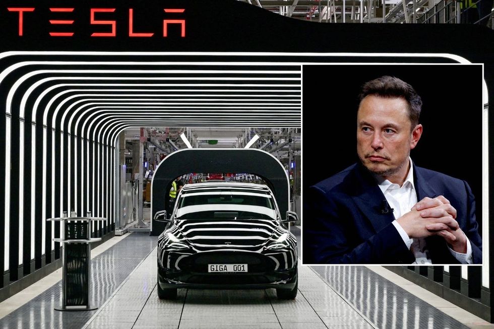 Tesla production line and Tesla CEO Elon Musk