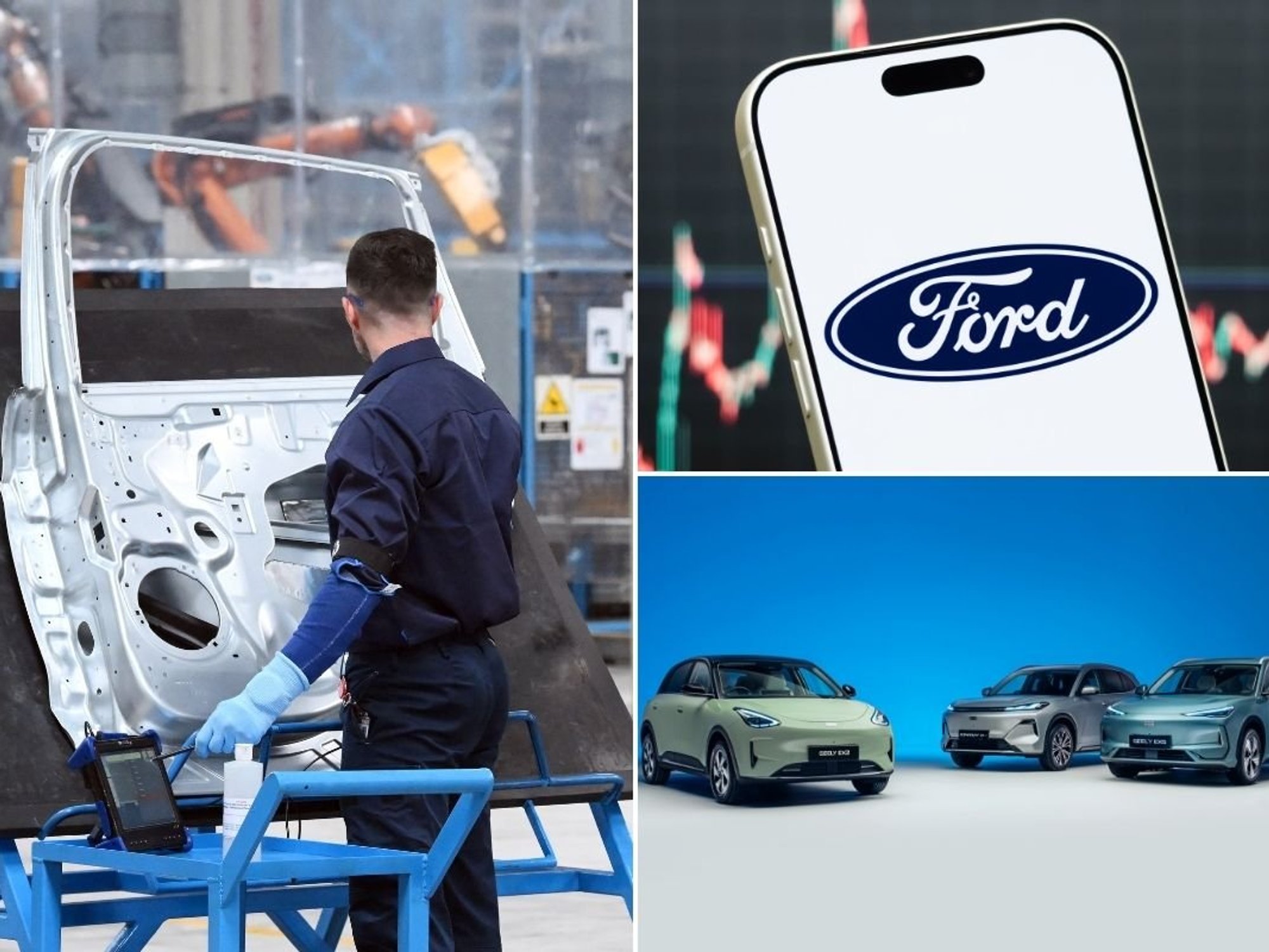 The Ford Valencia factory, a Ford logo and the Geely EX2