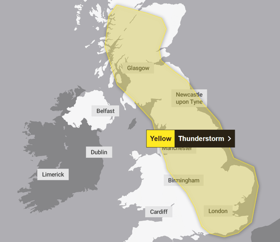 The Met Office has issued a yellow thunderstorm warning for large sections of the UK
