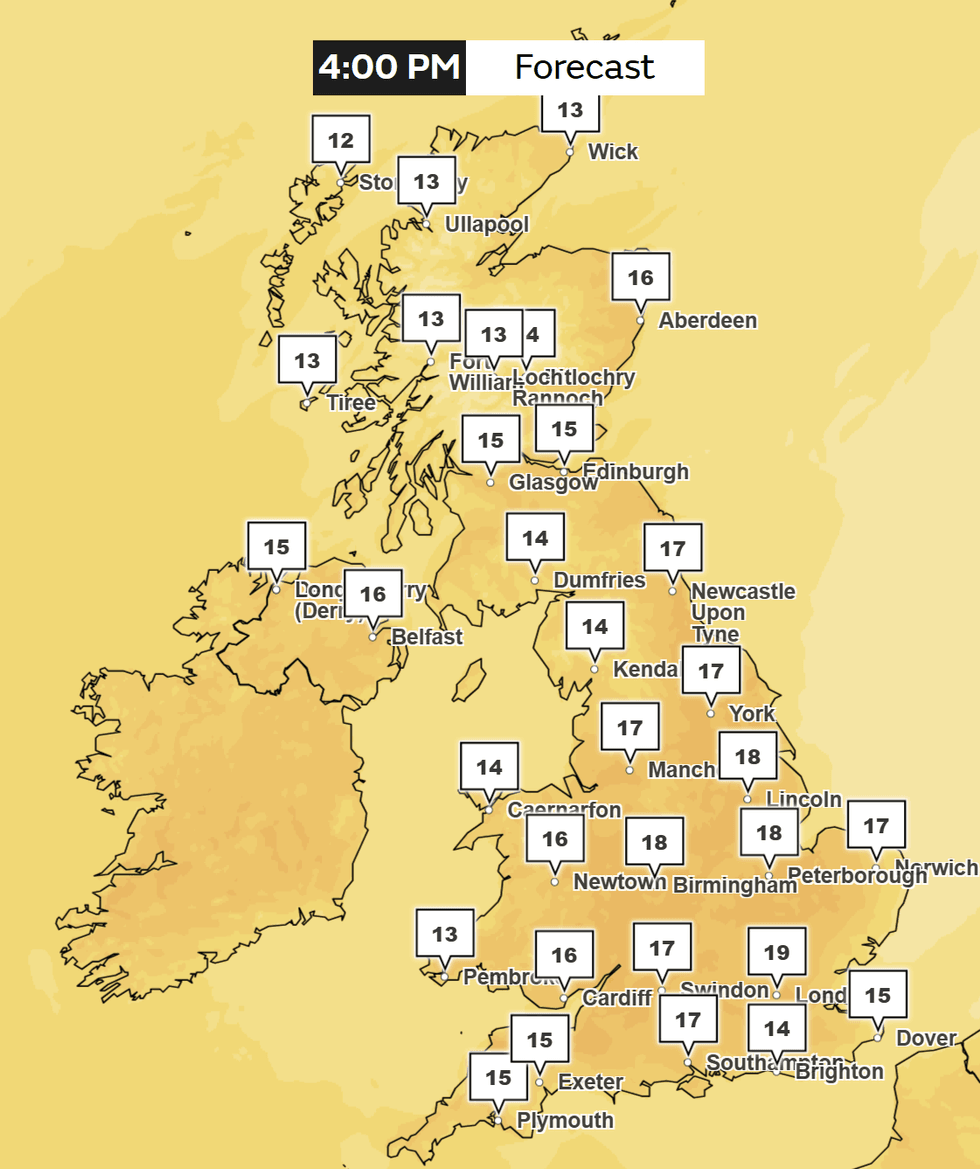 The Met Office's temperature forecast next Thursday at 4pm