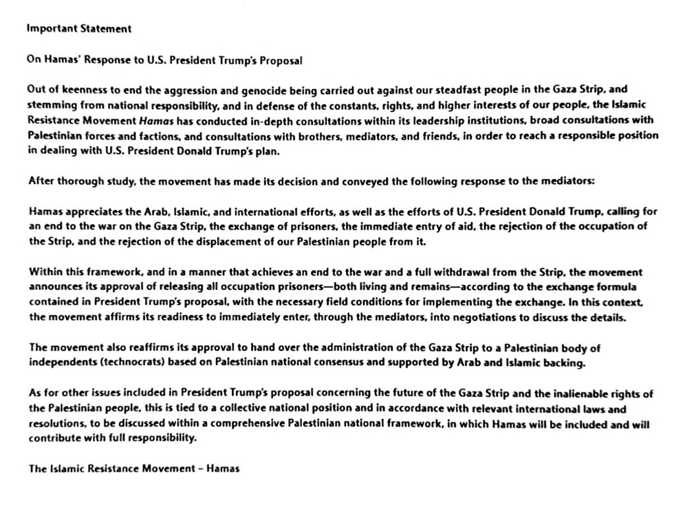 The US President released Hamas' statement on social media