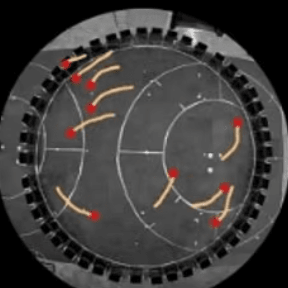 This annotated image shows a schoolground in Spain and the motions of teenage participants as indicated by the dots and lines