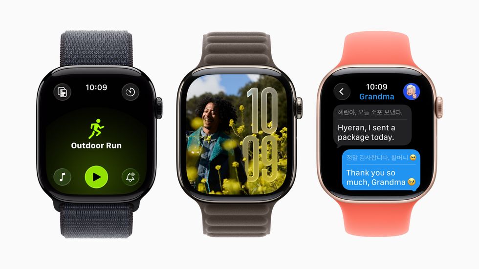 three apple watch smartwatches pictured side by side with different features shown on-screen