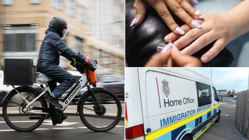 Three image collage including delivery rider, immigration enforcement badge and nail salon