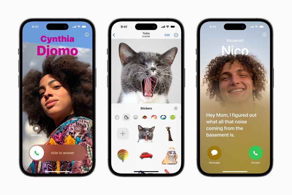 three iPhones are shown side-by-side with a different aspect of iOS 17 software on each screen 