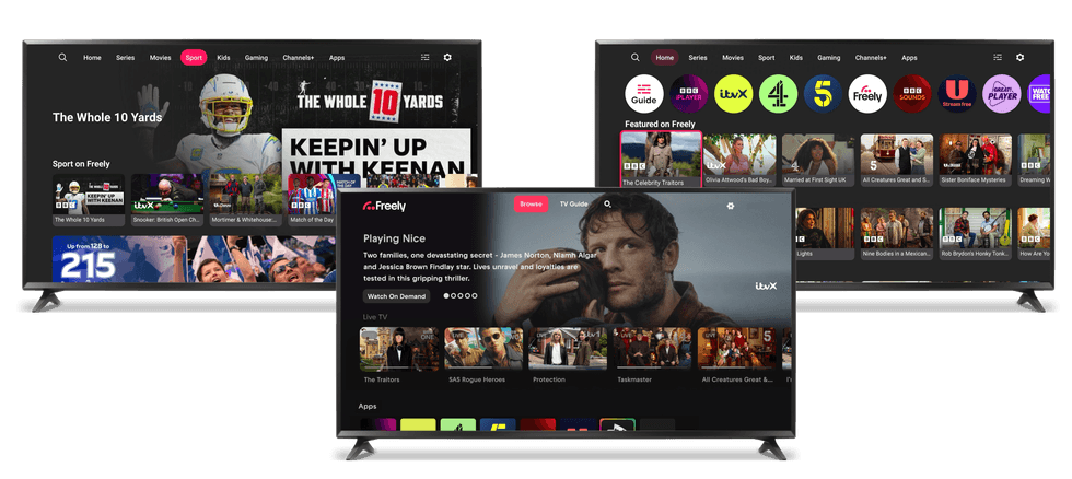 three televisions showing different aspects of the Netgem PLEIO box