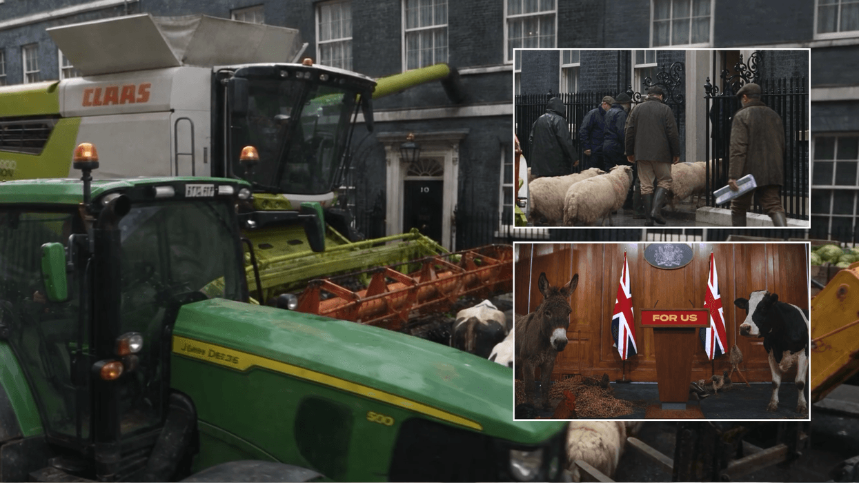 Tractors and farm animals depicted in Downing Street