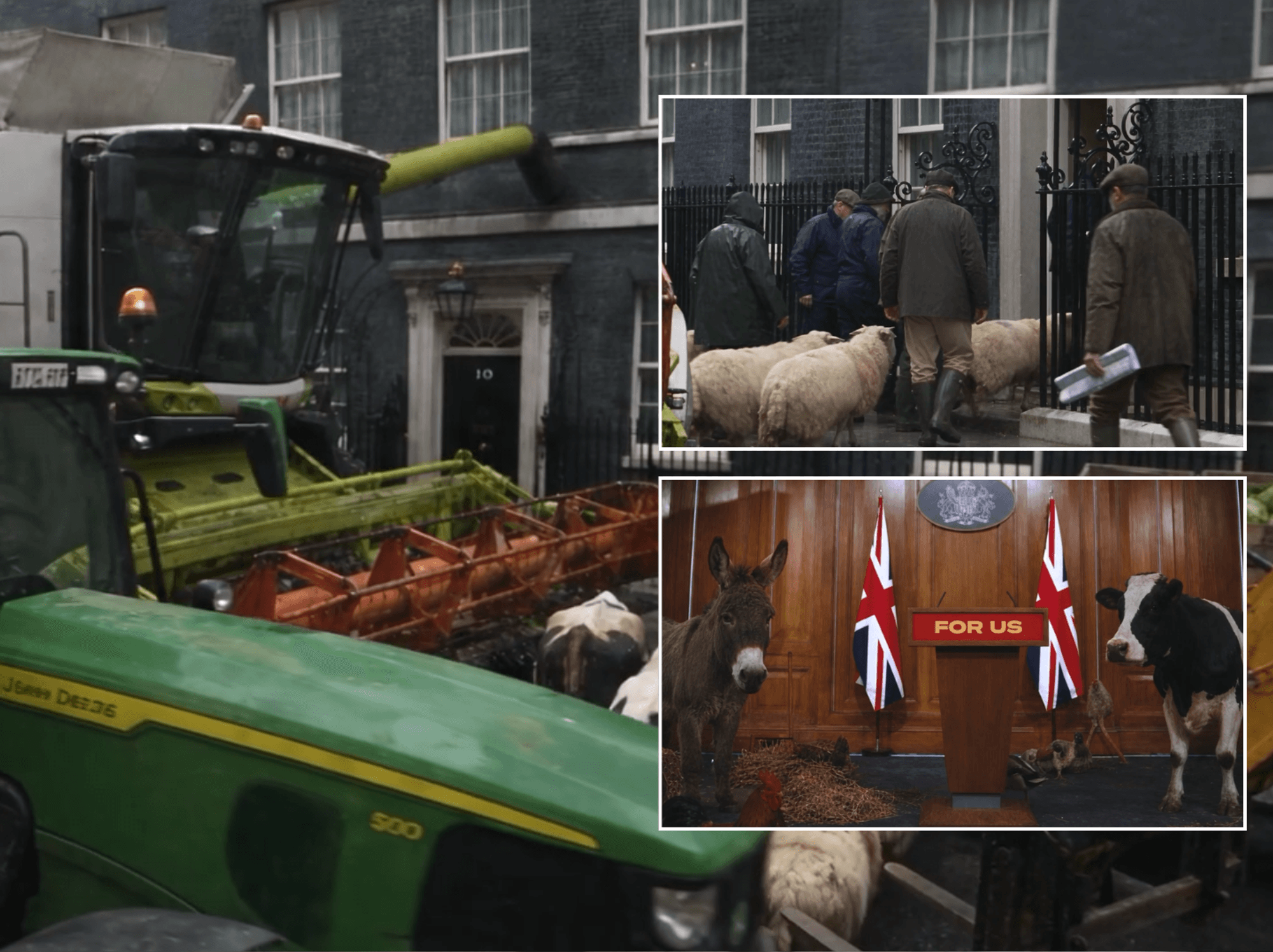 Tractors and farm animals depicted in Downing Street