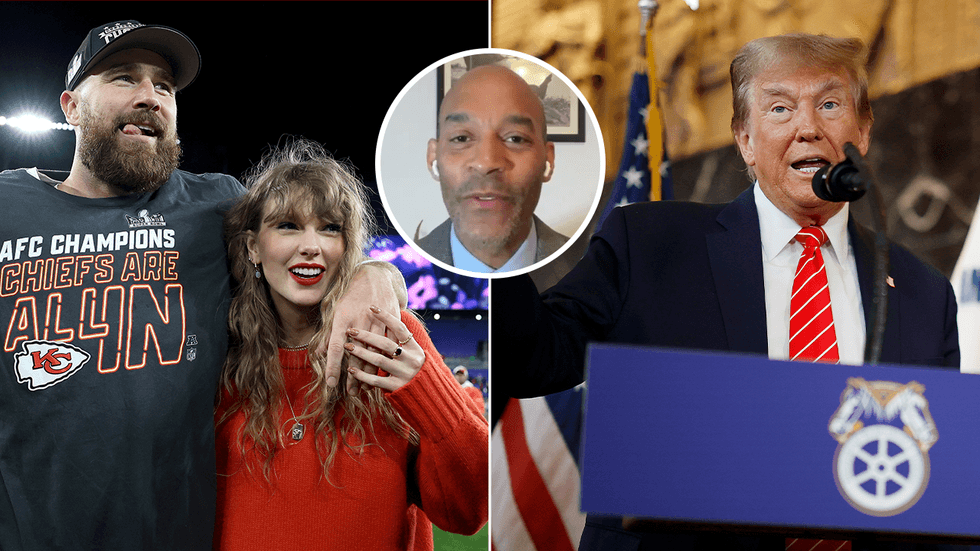 Travis Kelce, Taylor Swift, Eric Ham and Donald Trump