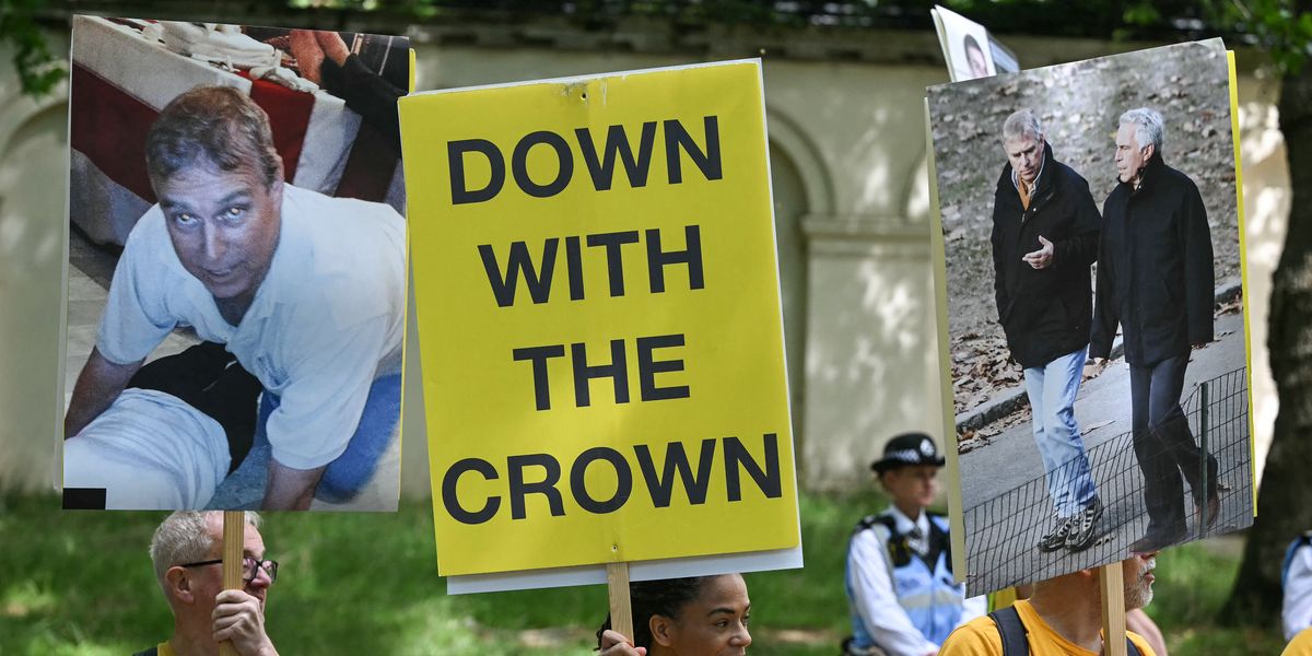 Republic stage anti-monarchy protest using pictures of Andrew Mountbatten-Windsor during Trooping the Colour