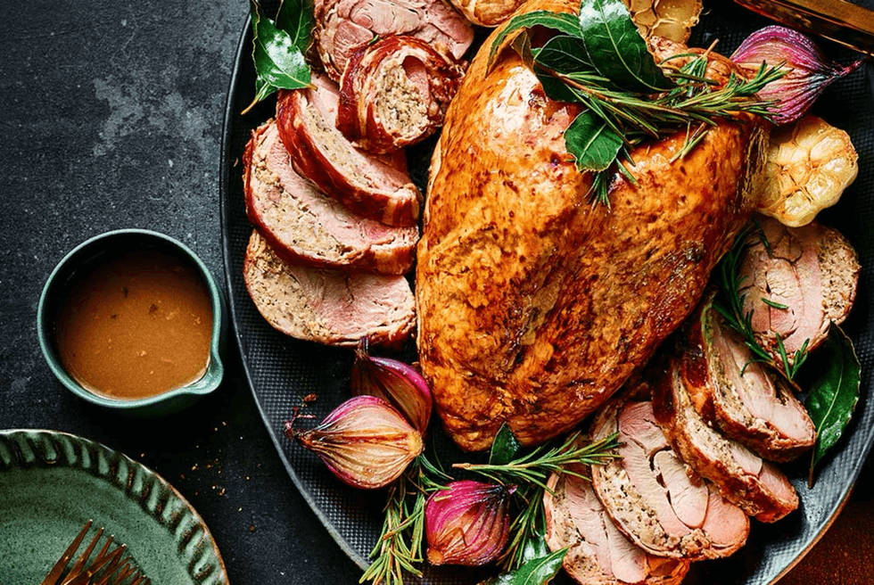 turkey crown on plate with meat and onions