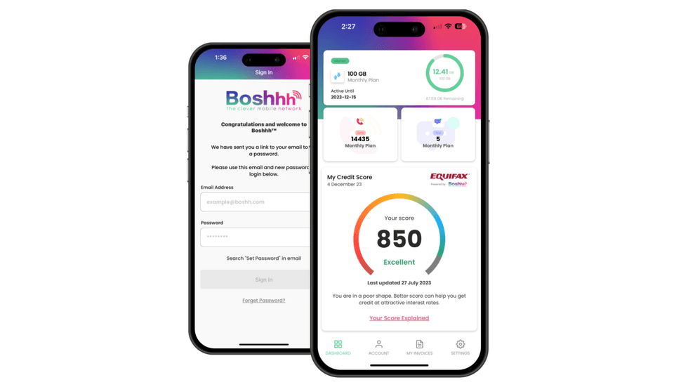 two iphones are pictured side by side with different examples of the boshhh mobile app on-screen