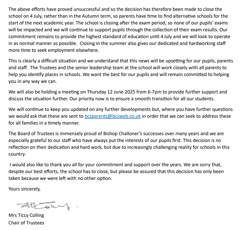 \u200b Bishop Challoner School's letter continued