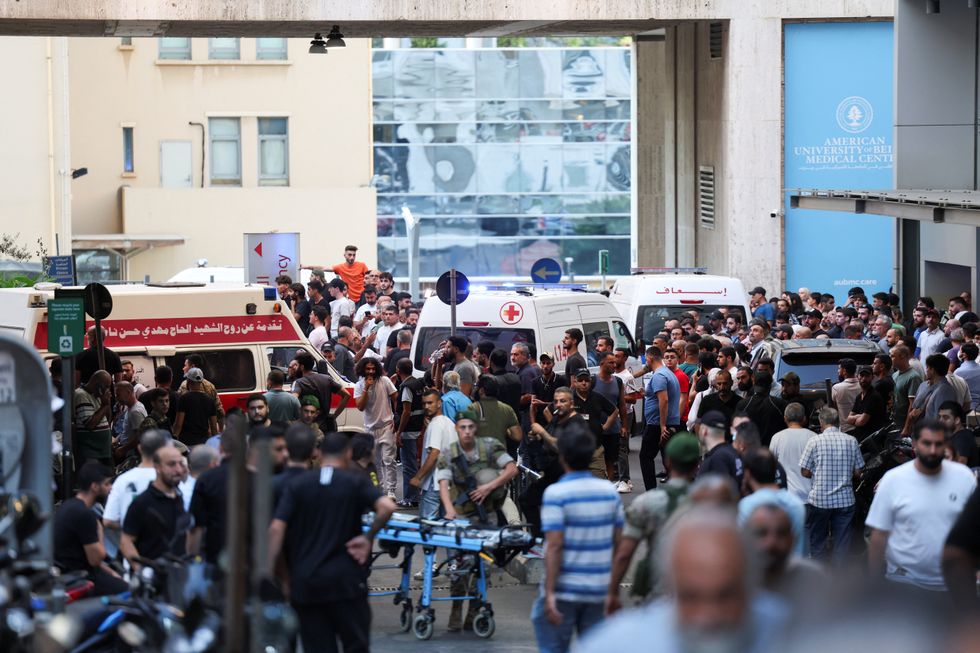 \u200bAmbulances arrive to American University of Beirut Medical Center (AUBMC) as more than 1,000 people, including Hezbollah fighters and medics, were wounded