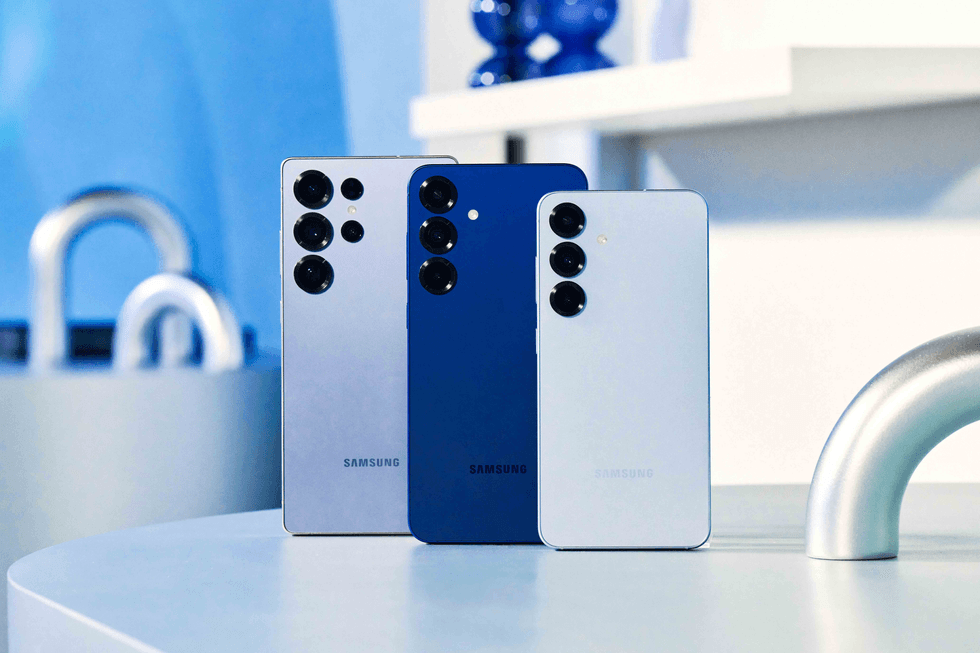 \u200bGalaxy S25 Ultra, Galaxy S25 Plus, and Galaxy S25 pictured stacked on a metal surface