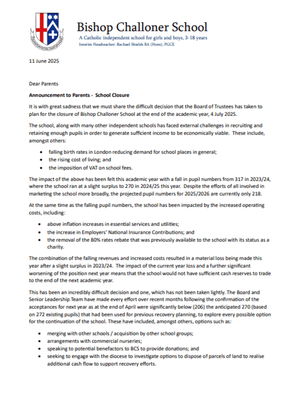 \u200bLetter from Bishop Challoner School in Bromley announcing school closure
